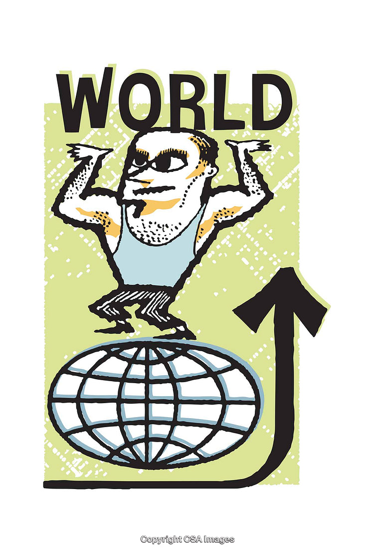 Illustration of a Strongman Holding the World Above an Arrow Symbol