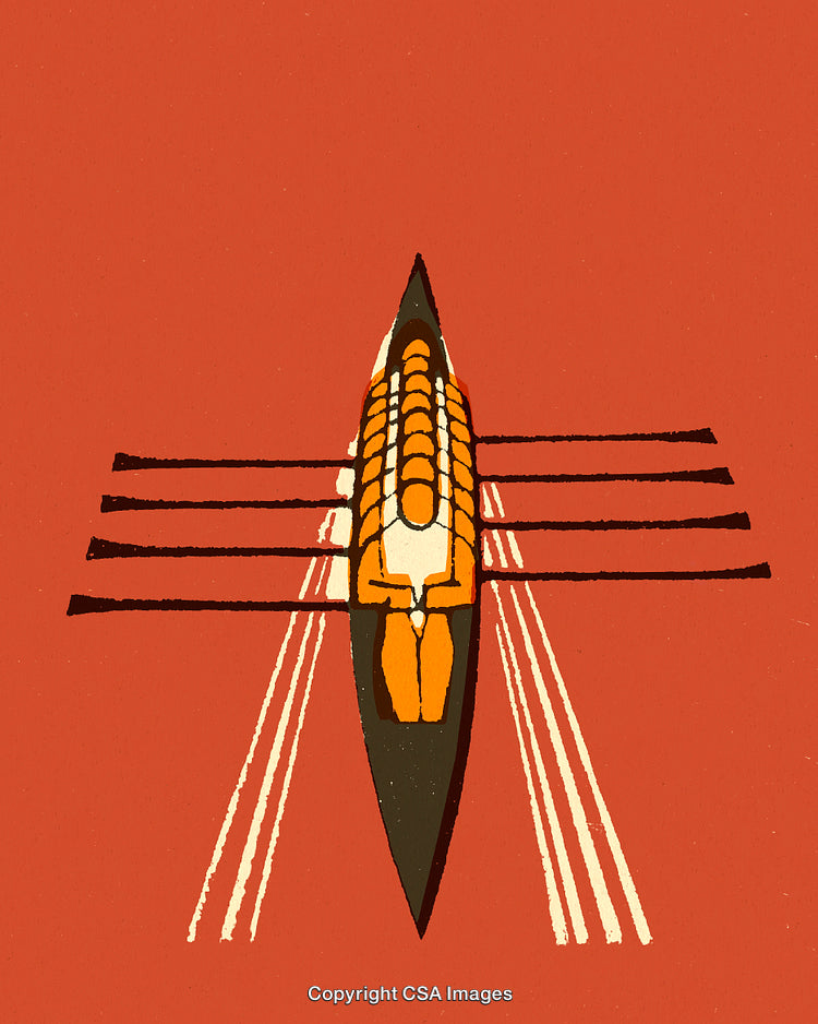 Vintage Illustration of Rowing Team in a Boat with Oars in Motion
