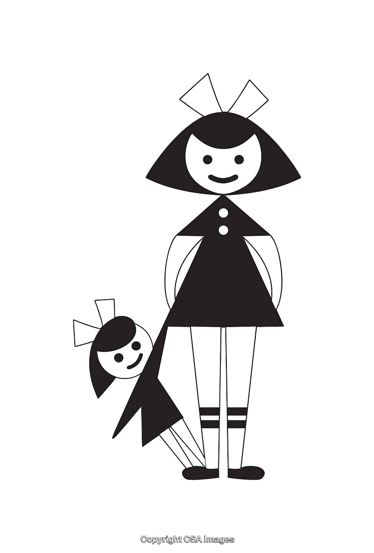 Charming Black and White Illustration of Two Stylized Female Figures