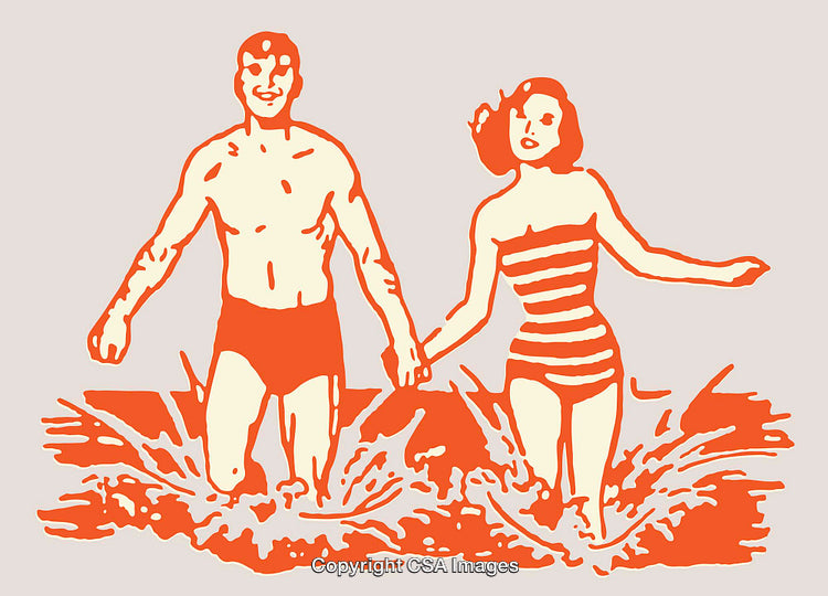 Vintage-Style Graphic of Beachgoers Splashing in Waves