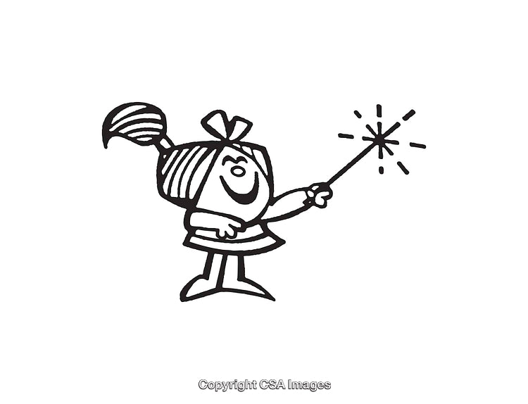 Charming Black and White Line Art of Smiling Child Waving a Wand