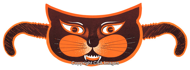 Vintage Inspired Halloween Cat Mask With Whimsical Orange and Black Design