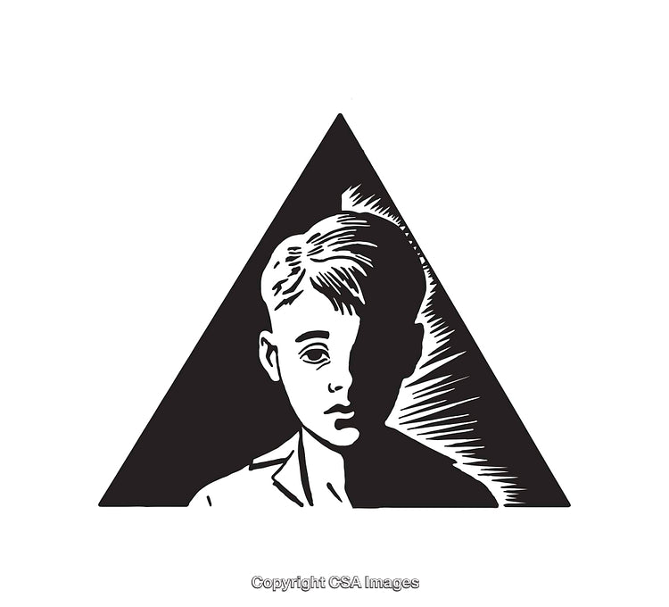 Black and White Line Art of a Boy with Geometric Triangle Frame