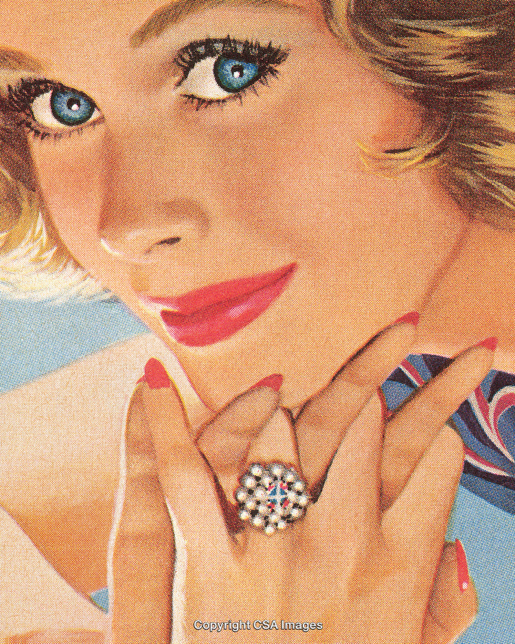 Vintage Illustration of Woman Displaying a Beautiful Diamond Ring With Red Nails