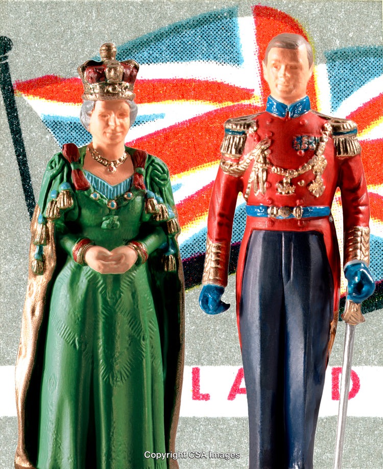 Colorful Figurines Depicting Traditional British Royal Attire with Union Jack Backdrop