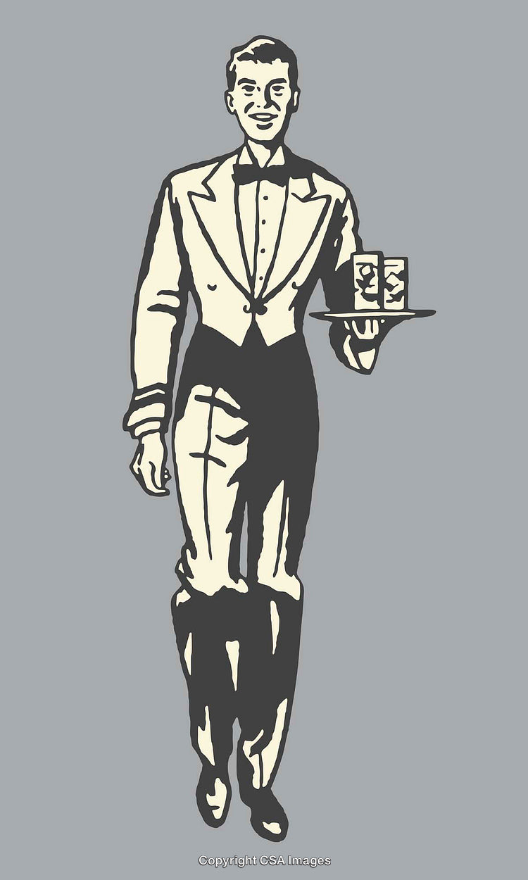 Retro Style Waiter Illustration Carrying a Serving Tray with Drinks