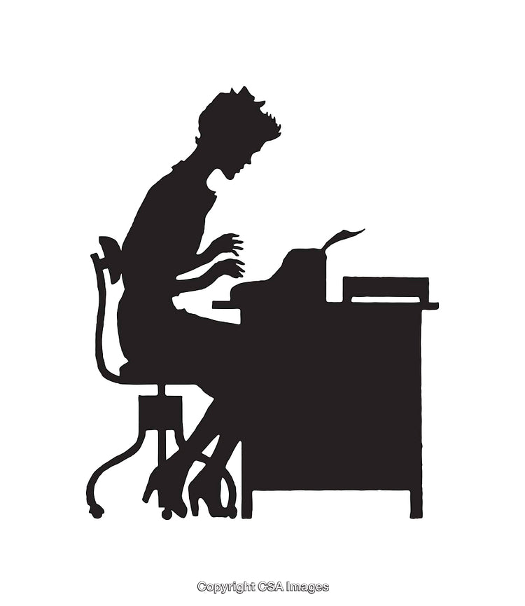 Silhouette of a Woman Typing at a Desk in Line Art Style