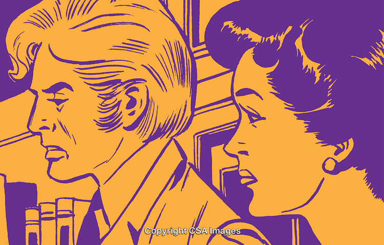 Retro Comic Style Artwork of Two Individuals in a Library Setting
