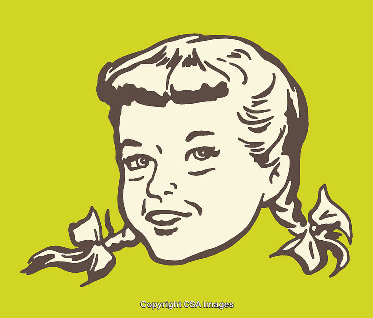 Vintage Girl Illustration with Pigtails on a Green Background