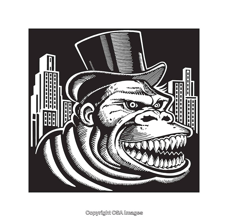 Black and White Illustration of Gorilla in Top Hat with City Background