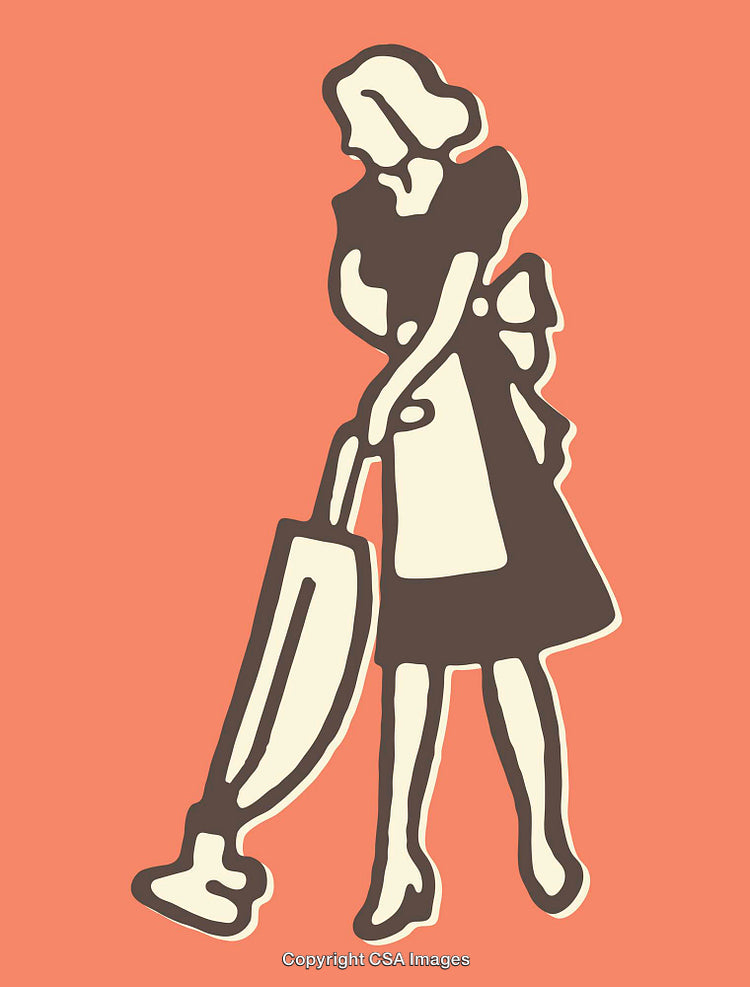 Retro Styled Illustration of a Woman Vacuuming in Orange Background