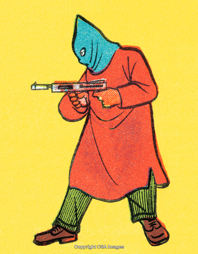 Abstract Illustration of Masked Figure Holding Weapon on Bright Background