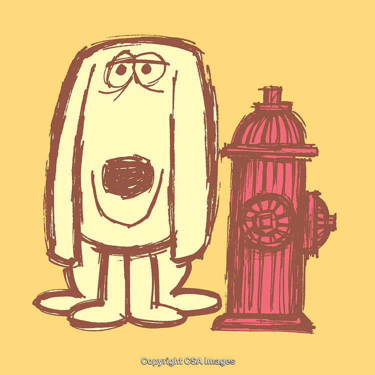 Playful Dog Drawing Near a Fire Hydrant in Minimal Line Art Style