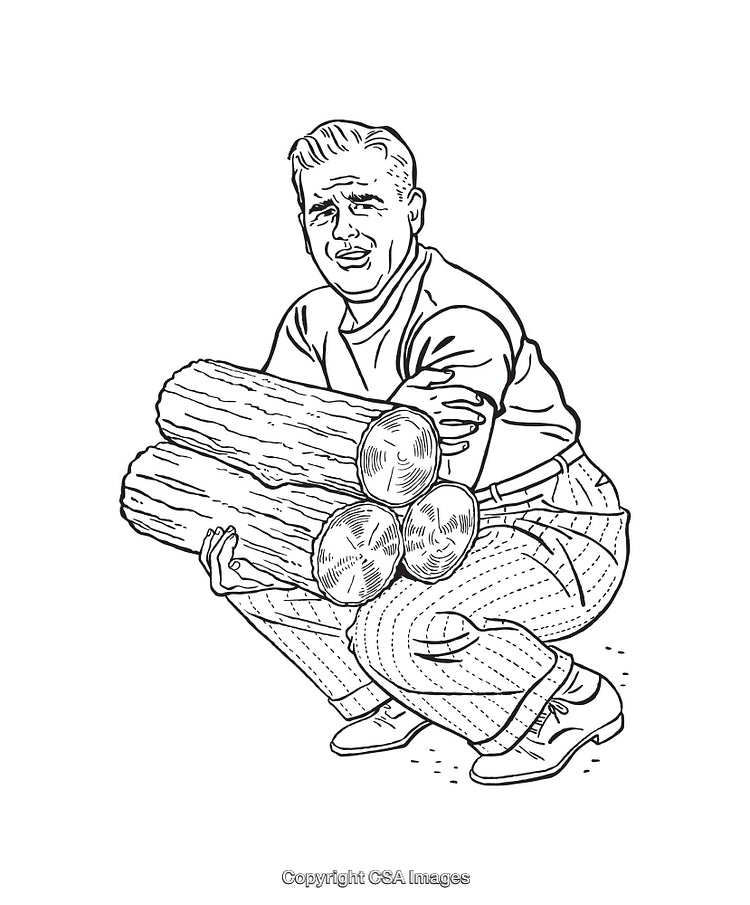 Man Crouching While Carrying Wooden Logs in Line Art Style