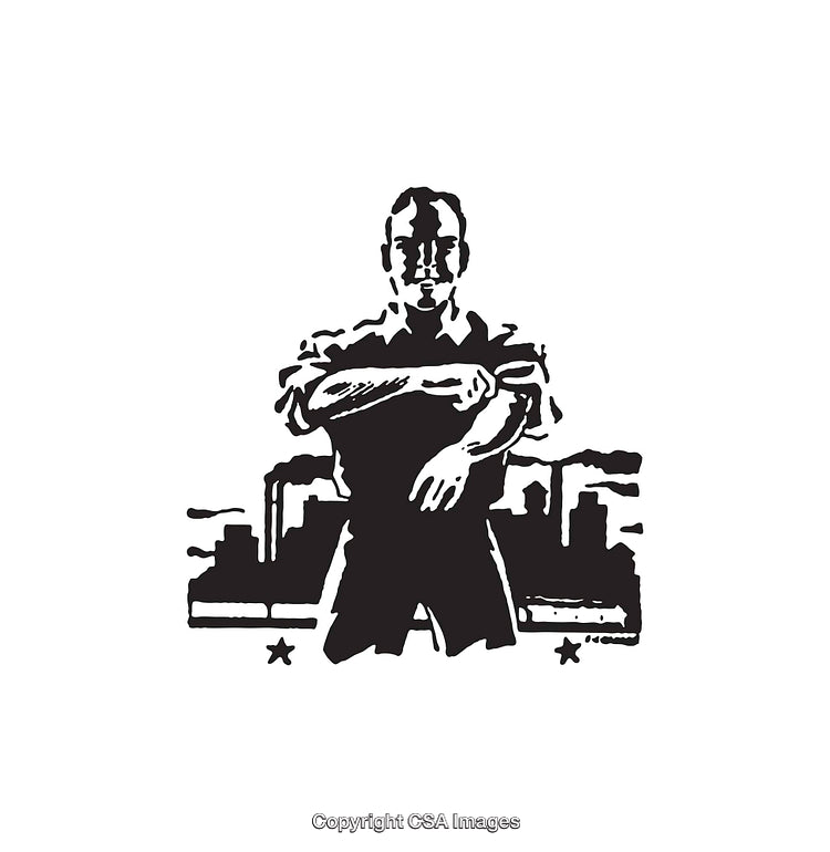 Black and White Artwork Depicting Urban Worker with City Skyline Background
