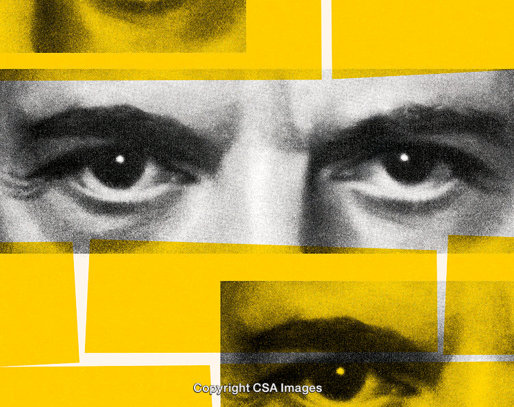 Artistic Monochrome Close-Up of Eyes with Yellow Geometric Overlay