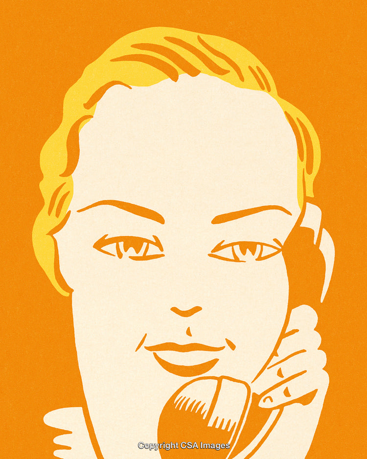 Artistic Illustration of a Woman Speaking on a Classic Telephone Device