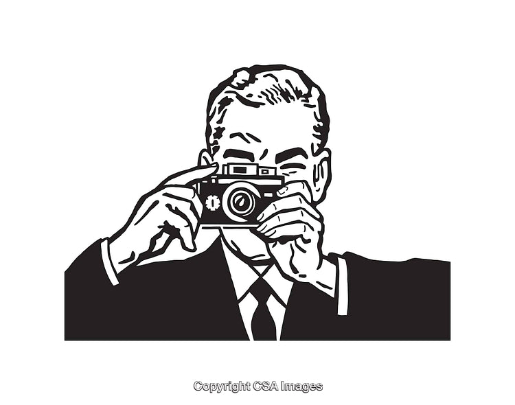 Black and White Illustration of a Man Holding a Camera