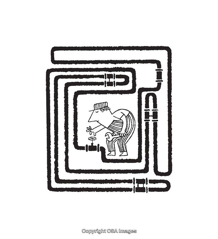 Cartoon Illustration of a Plumber Fixing Pipes in a Complex System