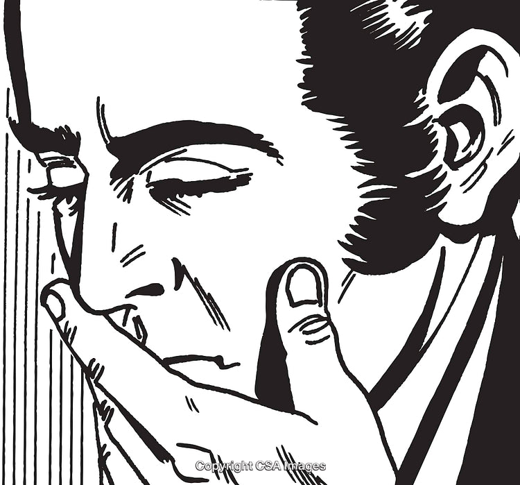 Retro Style Illustration of a Pensive Man in Monochrome Artwork
