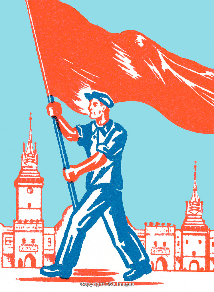 Illustration of Worker Holding Flag in Urban Setting with Classical Architecture