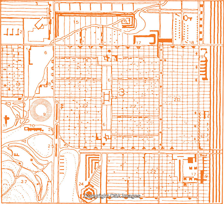 Abstract Orange Illustration of a Structured Grid and Geometric Patterns