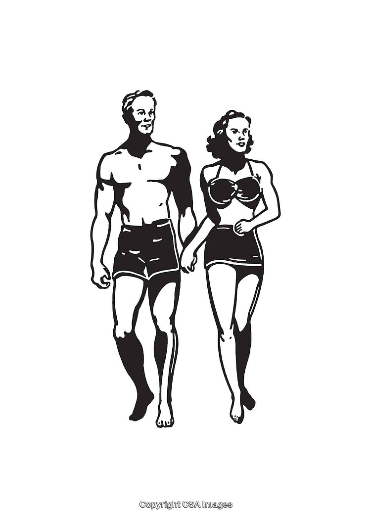 Retro Black and White Line Art of a Walking Couple in Swimwear