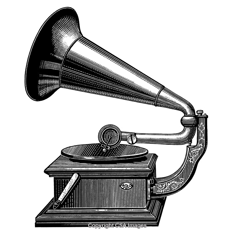 Vintage Gramophone Engraving in Black and White Artwork Style