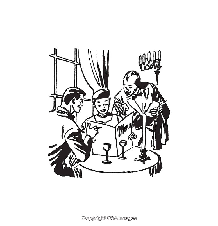 Elegant Black and White Illustration of a Restaurant Scene