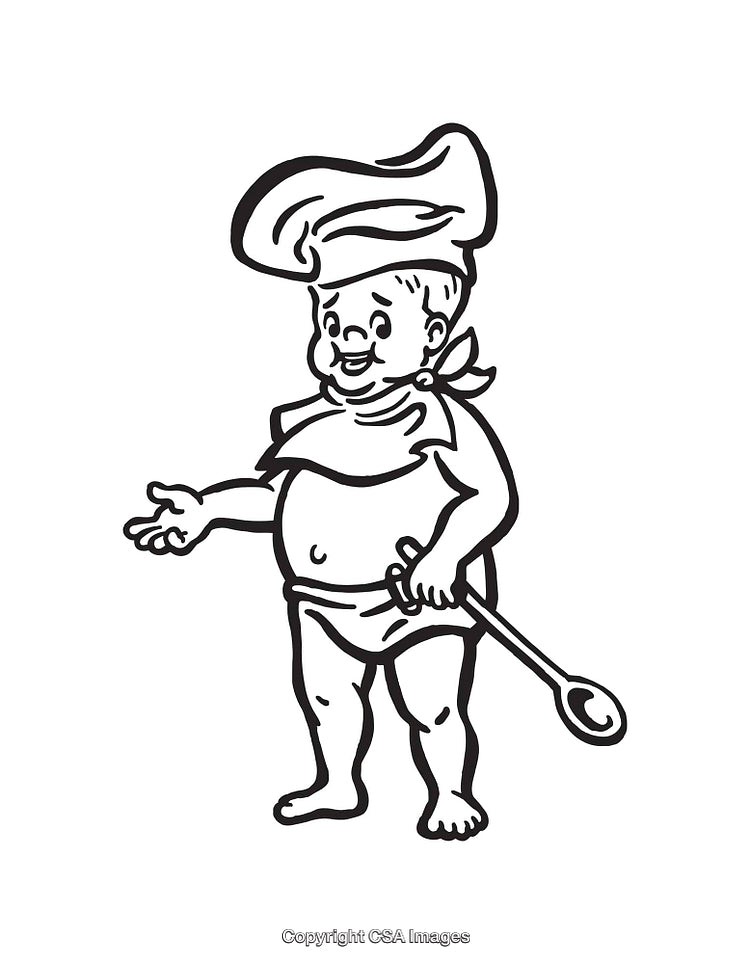 Cartoon Chef Illustration Holding Spoon in Black and White Drawing