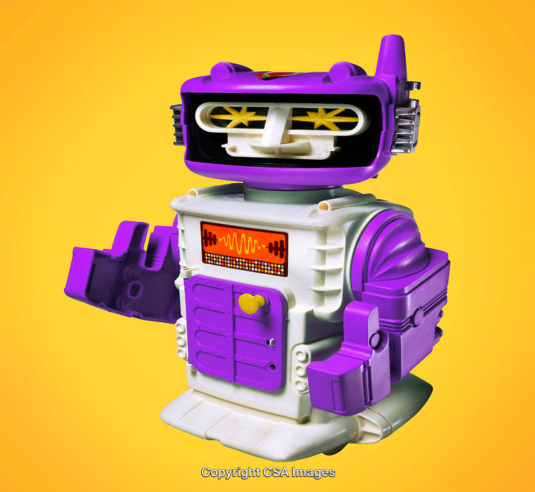 Vibrant Purple and White Toy Robot Against Yellow Background