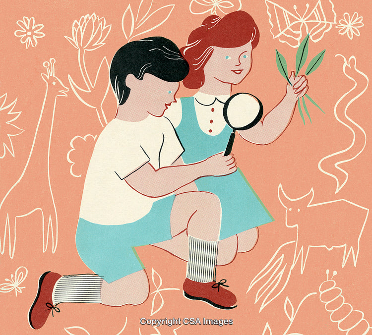 Illustrated Children Exploring Nature with Magnifying Glass and Leaves