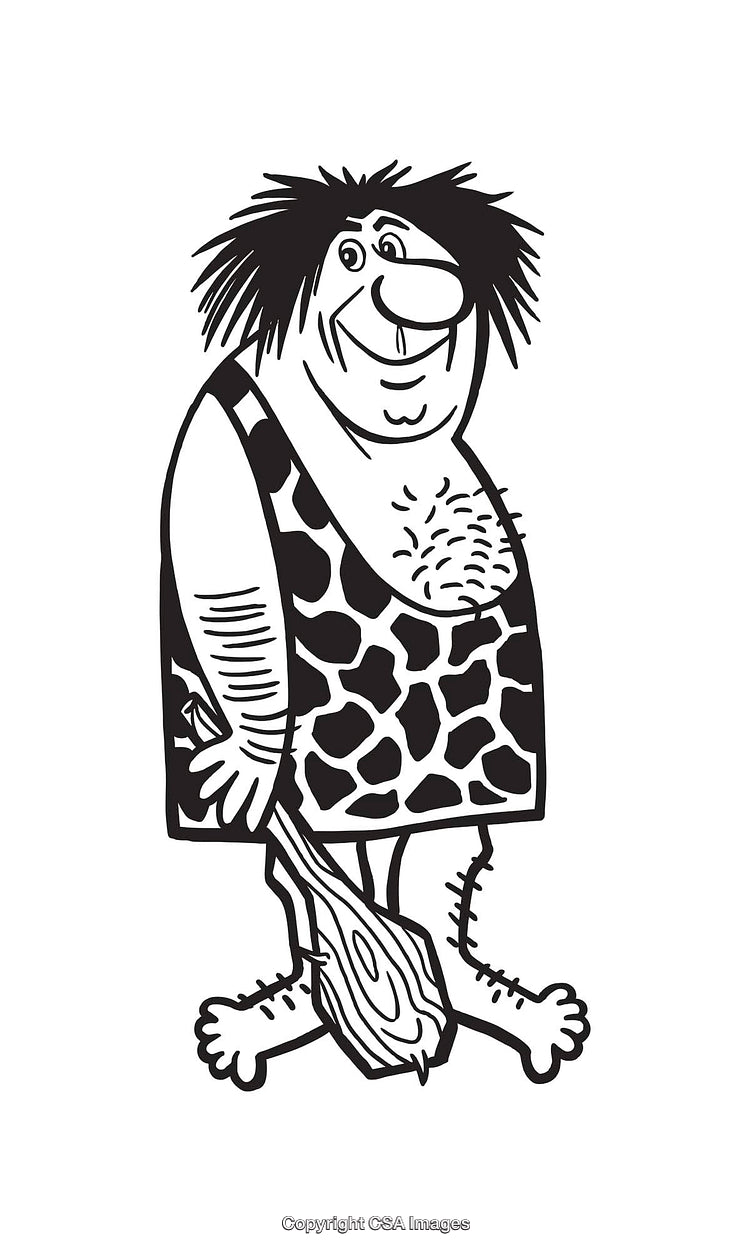 Cartoon Caveman With Club in Black and White Line Art Style