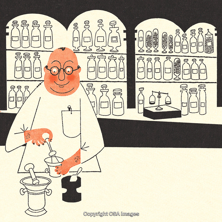 Illustration of a Pharmacist Preparing Medicines in a Traditional Pharmacy Setting