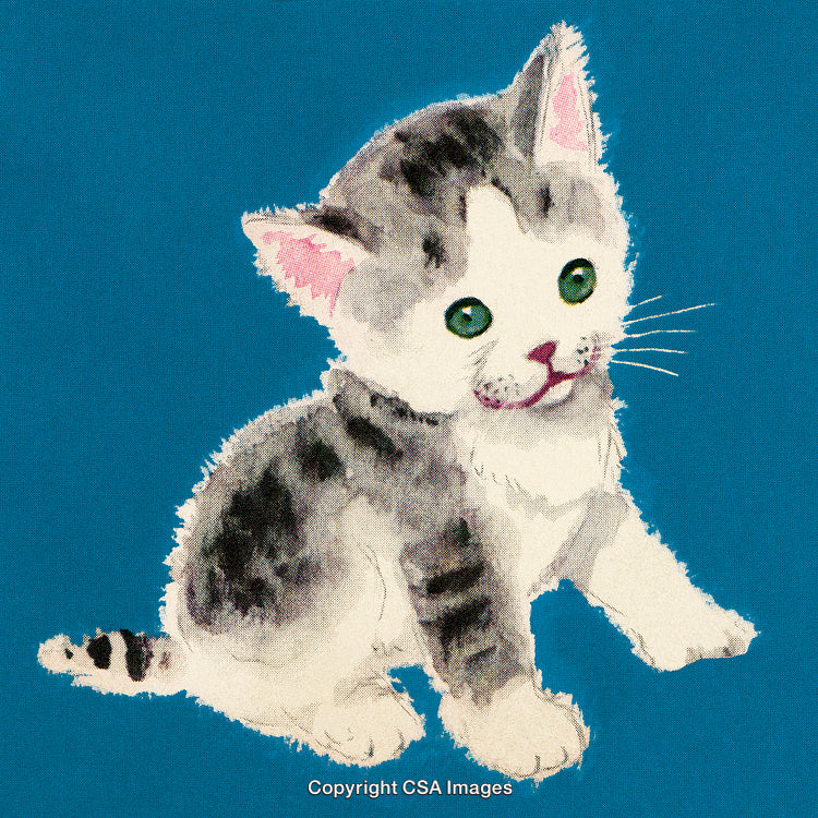 Adorable Watercolor Kitten Illustration on a Vibrant Blue Background