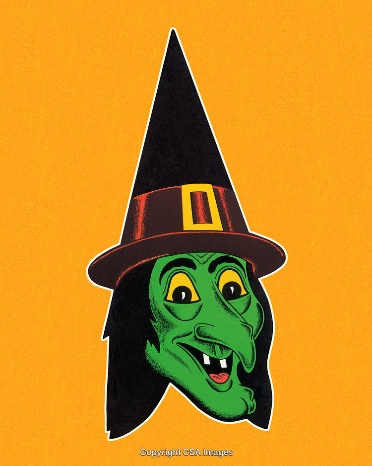 Green Witch Cartoon Illustration with Hat on Orange Background for Halloween