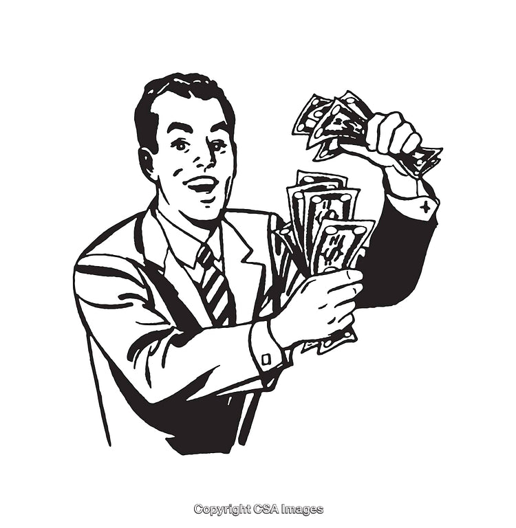 Retro Illustration of a Happy Man Holding a Bundle of Cash