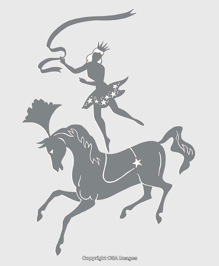 Elegant Crowned Performer and Horse Silhouette with Decorative Elements
