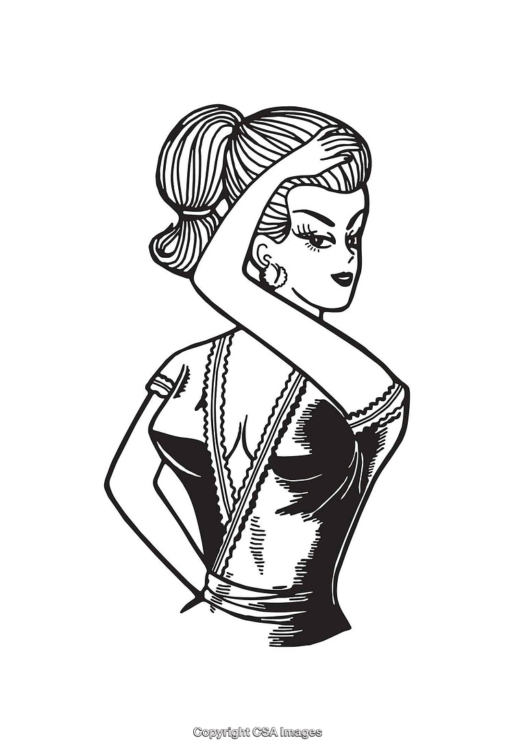 Vintage Style Black and White Line Art Woman Portrait Illustration
