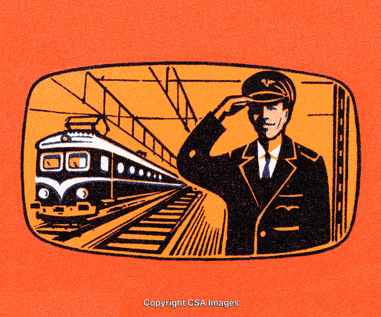 Vintage Illustration of Train and Conductor in Retro Graphic Style