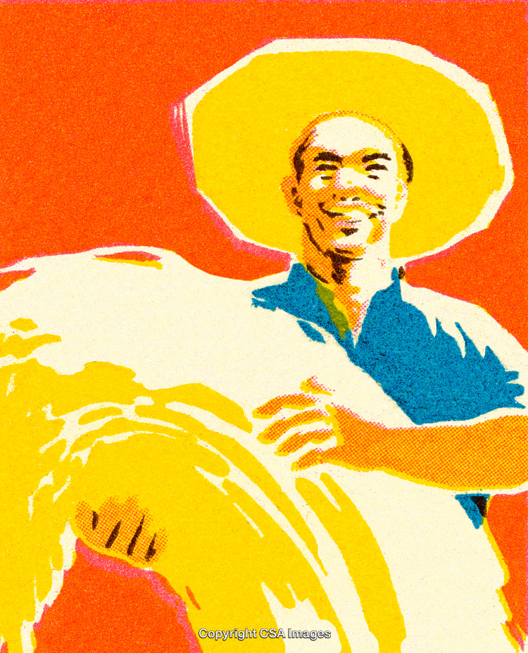 Smiling Farmer Holding a Hay Bundle Against a Vibrant Orange Background