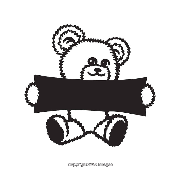 Cute Black and White Teddy Bear Line Art Illustration with Blank Sign