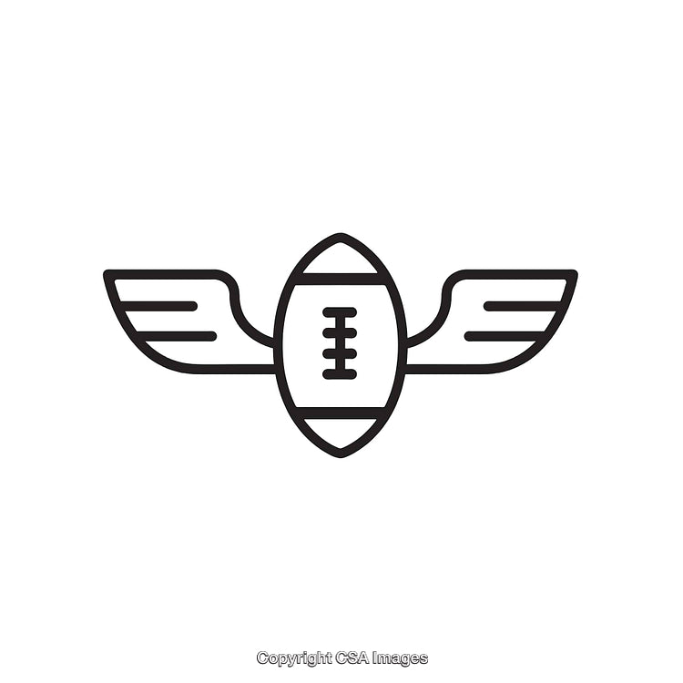 Minimalist Black and White Line Art of a Football With Wings