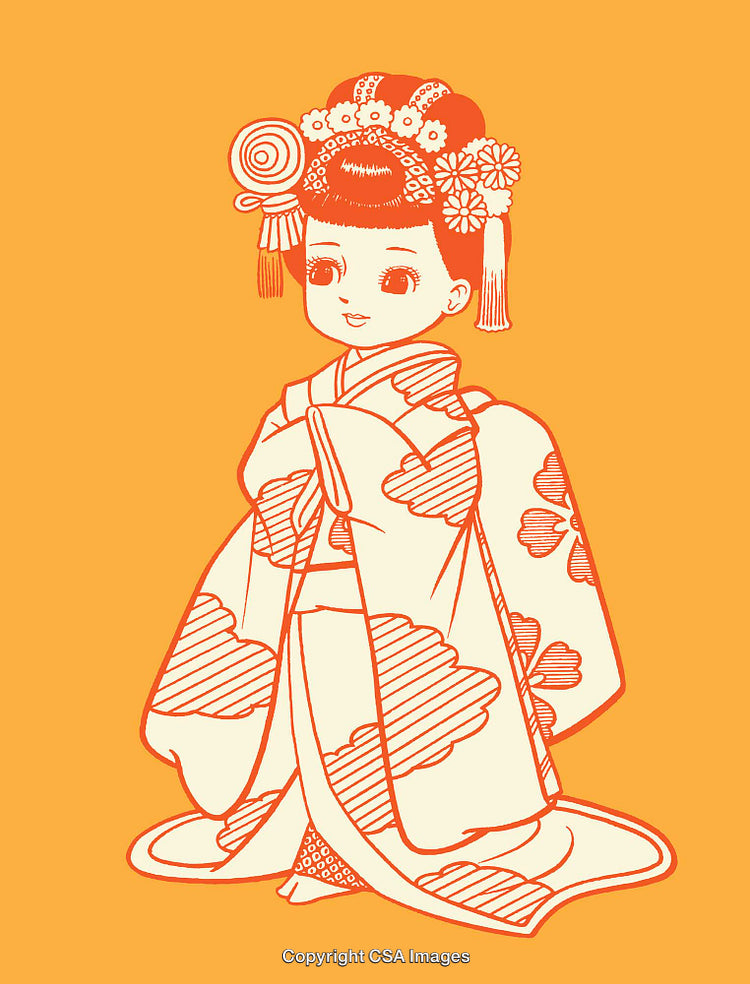 Stylized Illustration of a Japanese Girl in Traditional Kimono with Ornaments