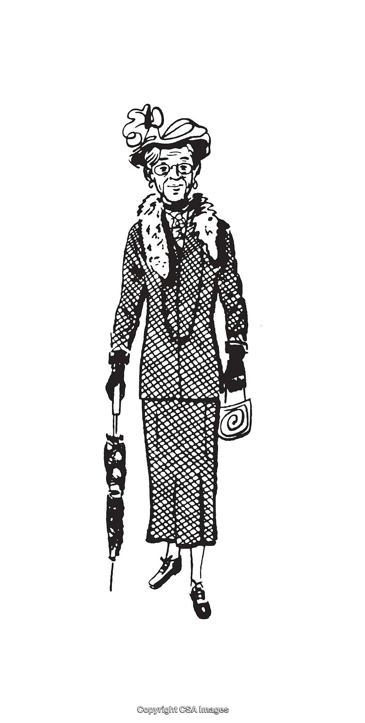Vintage Line Art Illustration of a Dapperly Dressed Older Woman with Accessories