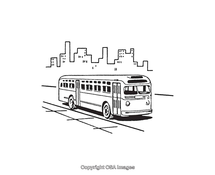 Vintage Bus Illustration Depicting Urban Transport in Black and White Line Art
