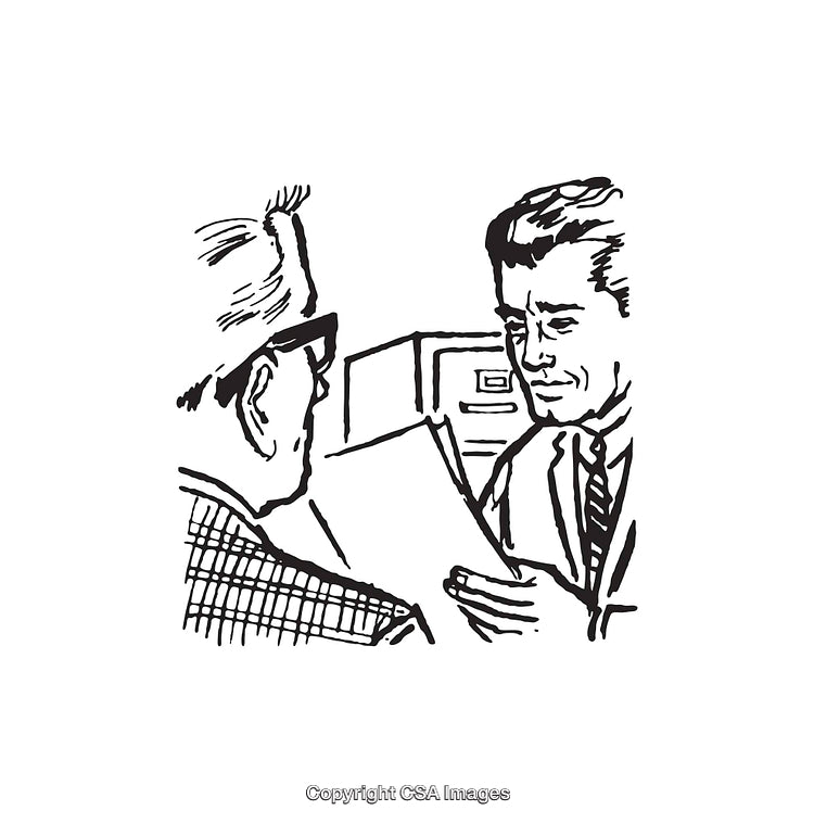 Black and White Illustration of a Business Discussion Between Two Individuals