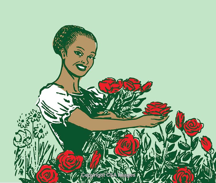 Smiling Woman Gathering Red Roses in a Spring Garden