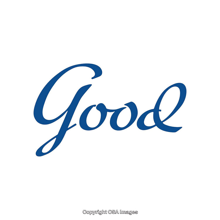 Blue Cursive Calligraphy of the Word 'Good' on a White Background