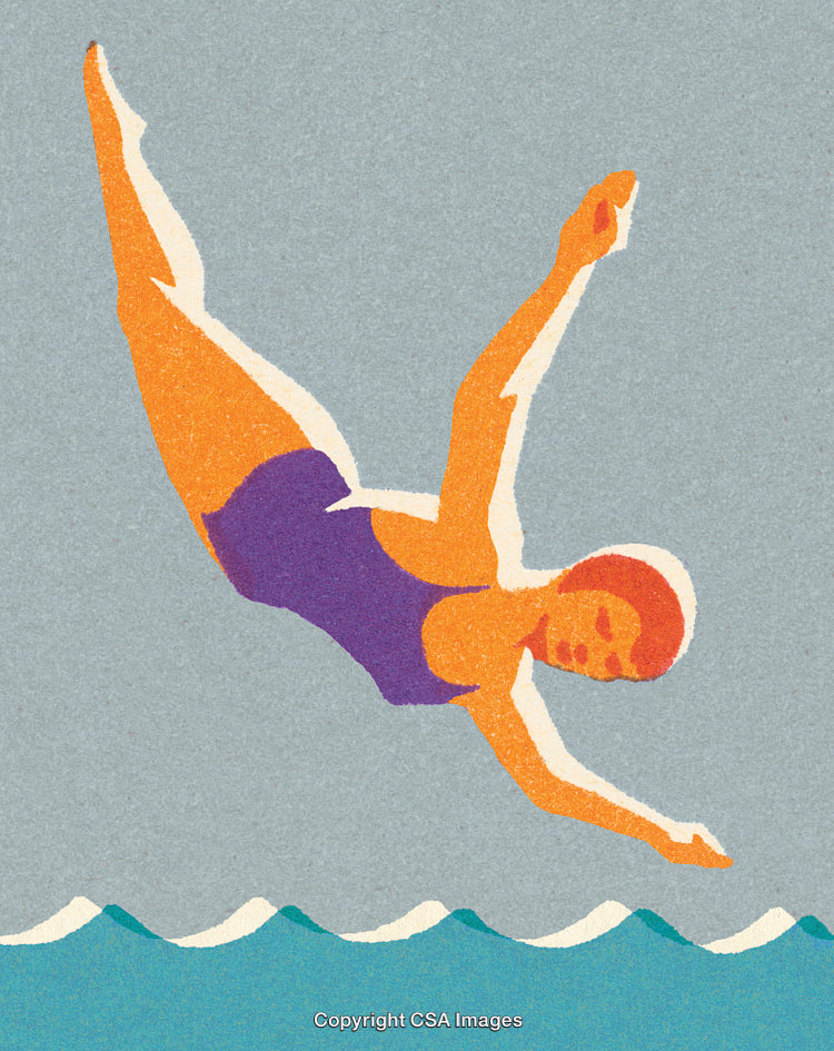 Vintage Illustration of a Diver Mid-Air Over Turquoise Waves